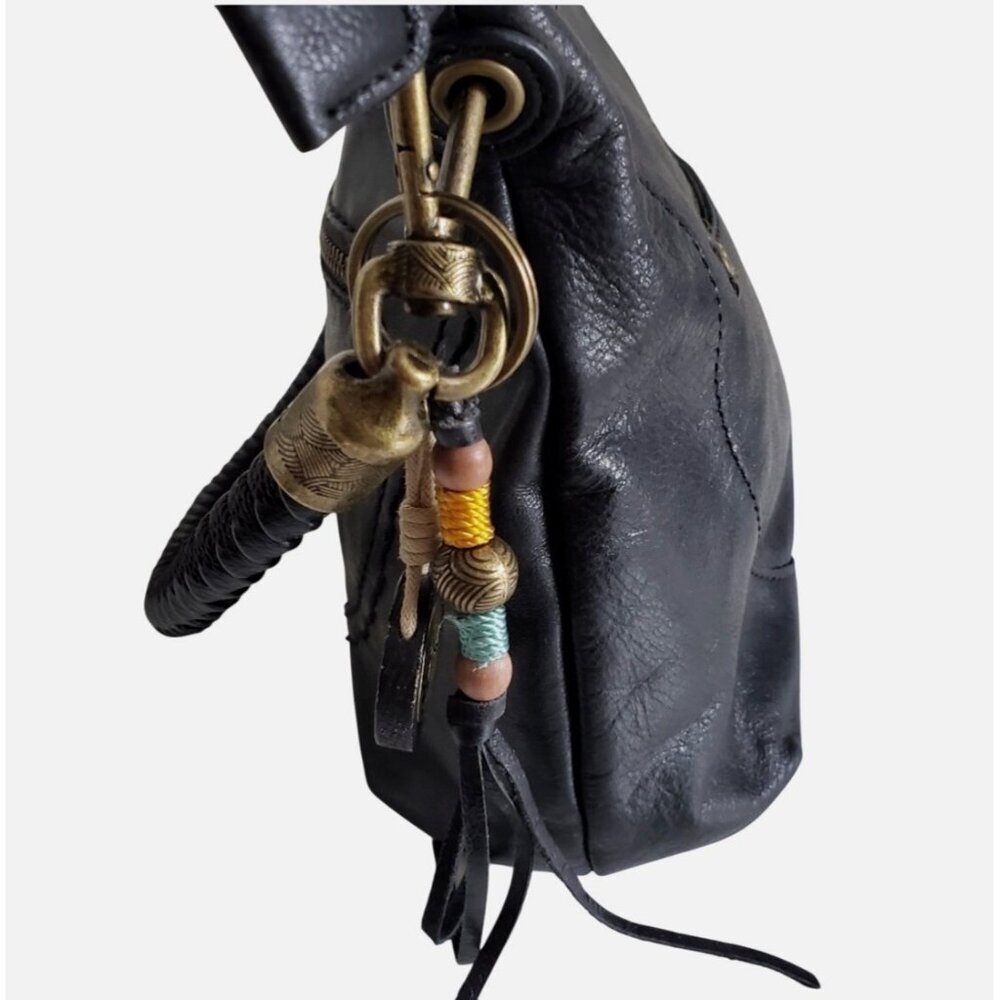 Vintage Y2K Black Leather Shoulder Bag With Brass Accents & Beaded Charm By The - Picture 4 of 10